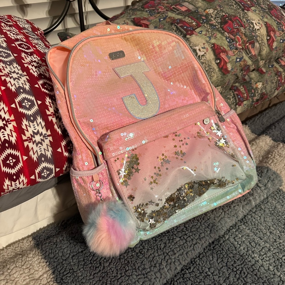 Justice Glittery Pink Backpack with Initial J